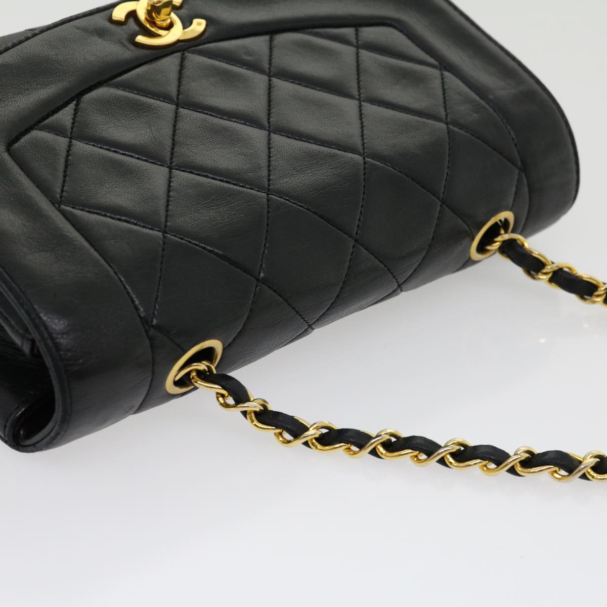 CHANEL Matelasse Diana Turn Lock Chain Shoulder Bag Lamb Skin Black  ar7368A