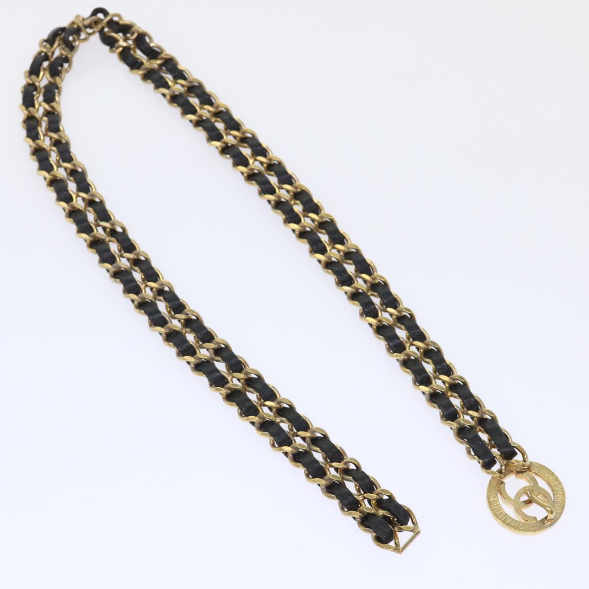 CHANEL Chain Belt Metal Leather Gold Tone Black CC Auth ar9801B