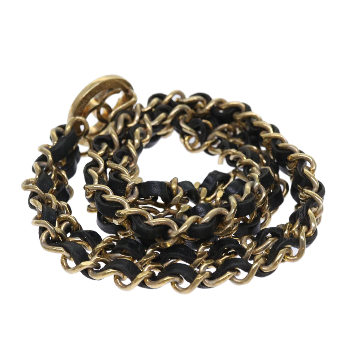 CHANEL Chain Belt Metal Leather Gold Tone Black CC Auth ar9801B