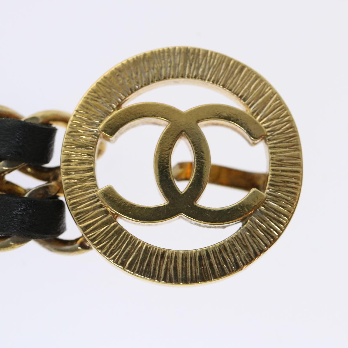CHANEL Chain Belt Metal Leather Gold Tone Black CC Auth ar9801B