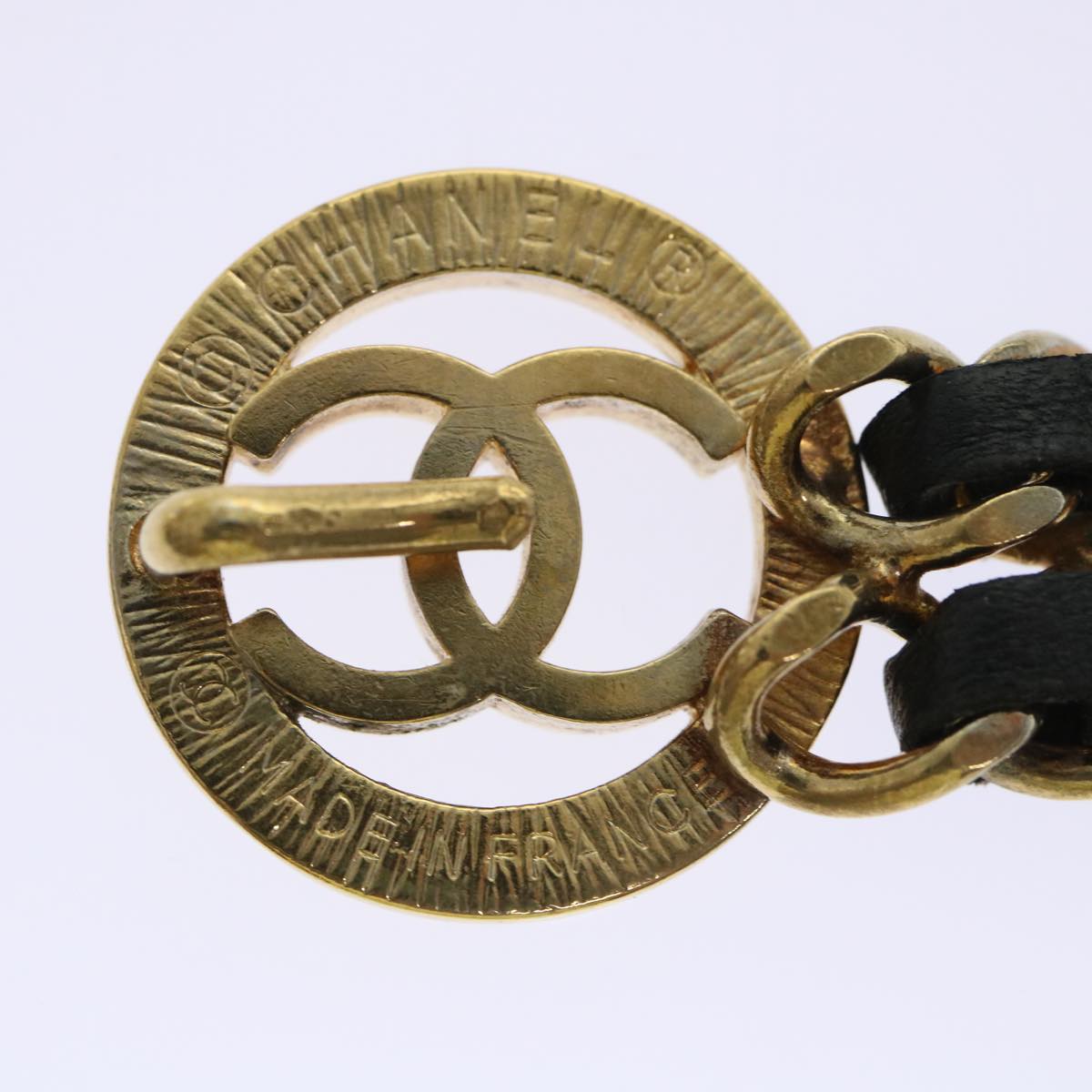 CHANEL Chain Belt Metal Leather Gold Tone Black CC Auth ar9801B