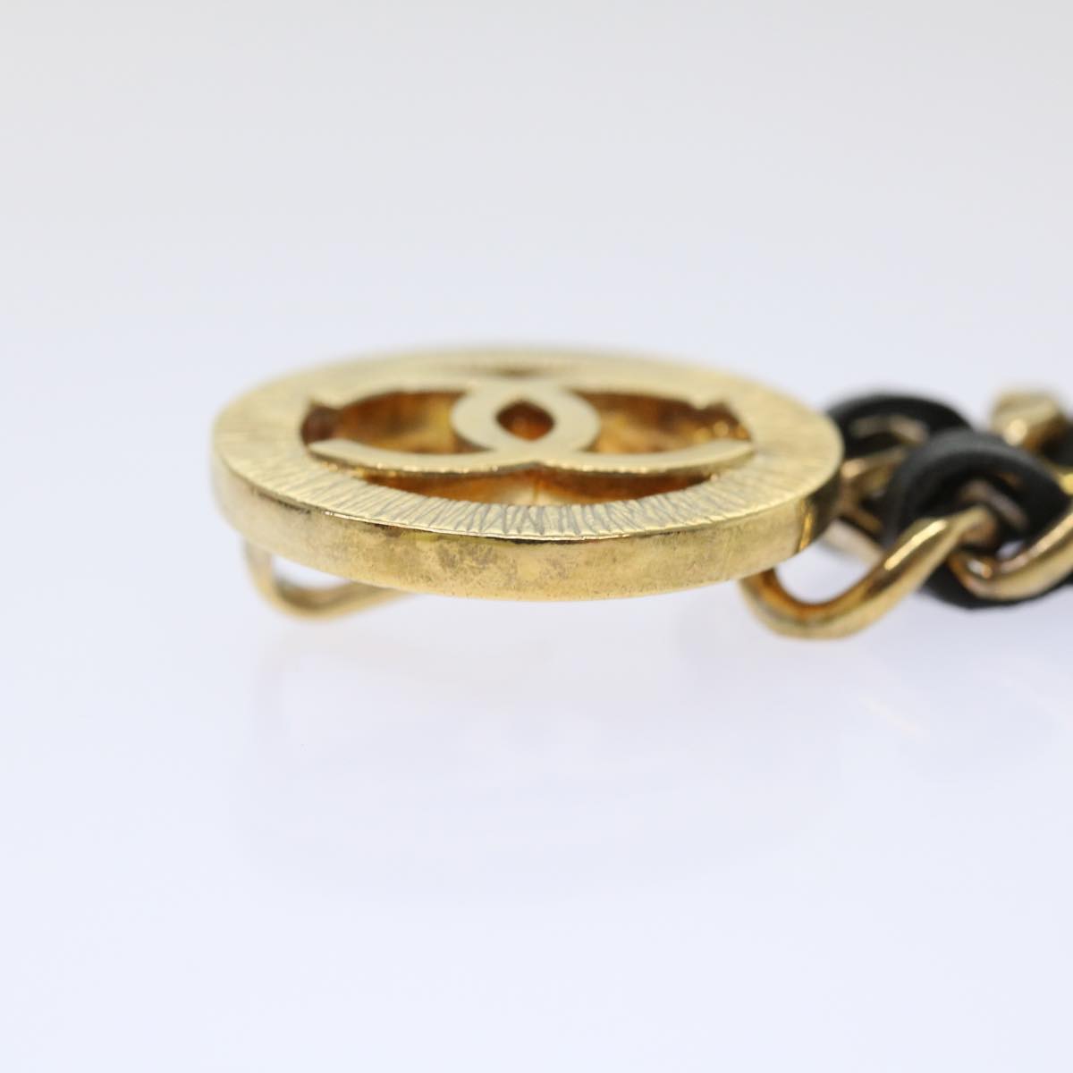 CHANEL Chain Belt Metal Leather Gold Tone Black CC Auth ar9801B