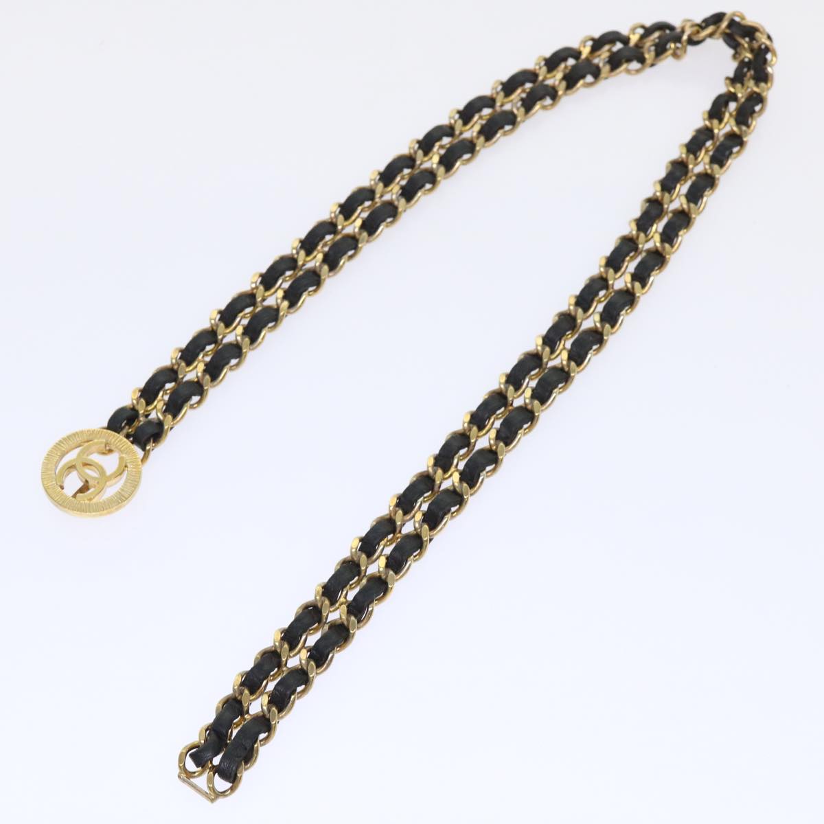CHANEL Chain Belt Metal Leather Gold Tone Black CC Auth ar9801B