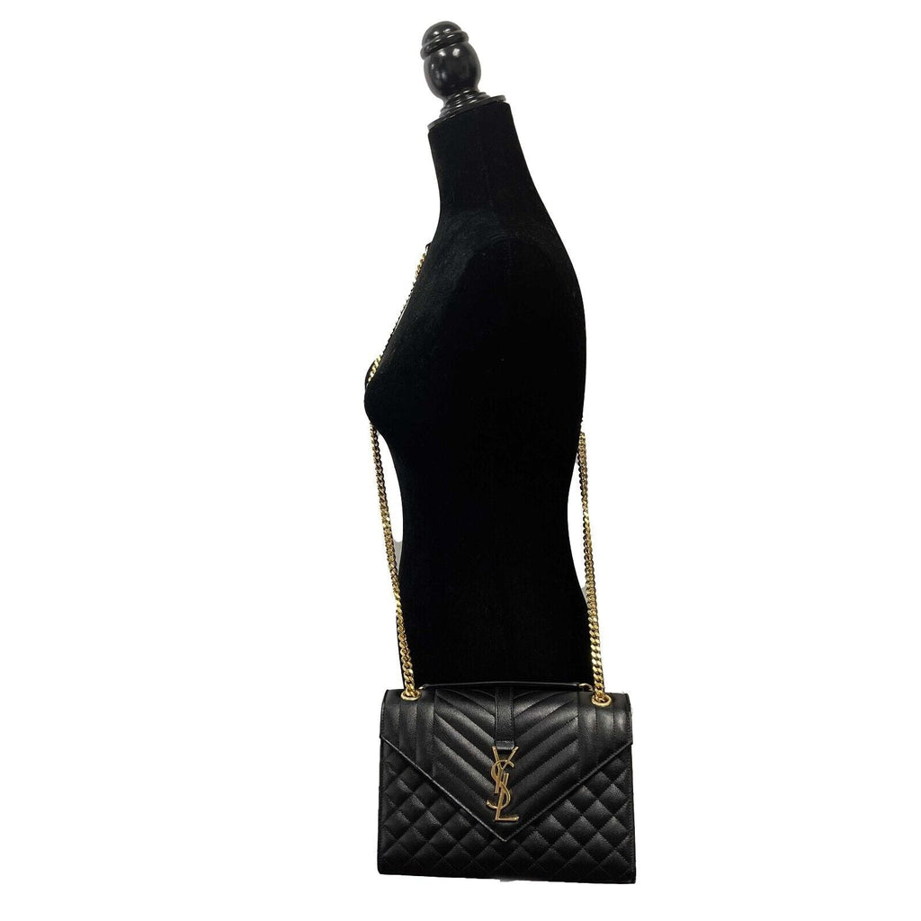 SAINT LAURENT Black Medium Triquilt Envelope Chain Grain de Poudre Shoulder Bag