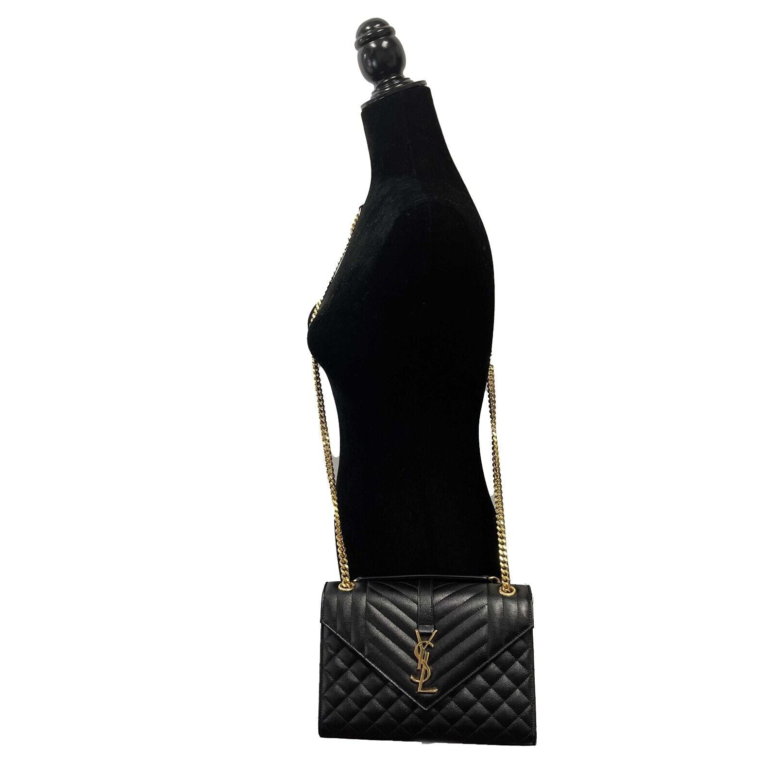 SAINT LAURENT Black Medium Triquilt Envelope Chain Grain de Poudre Shoulder Bag