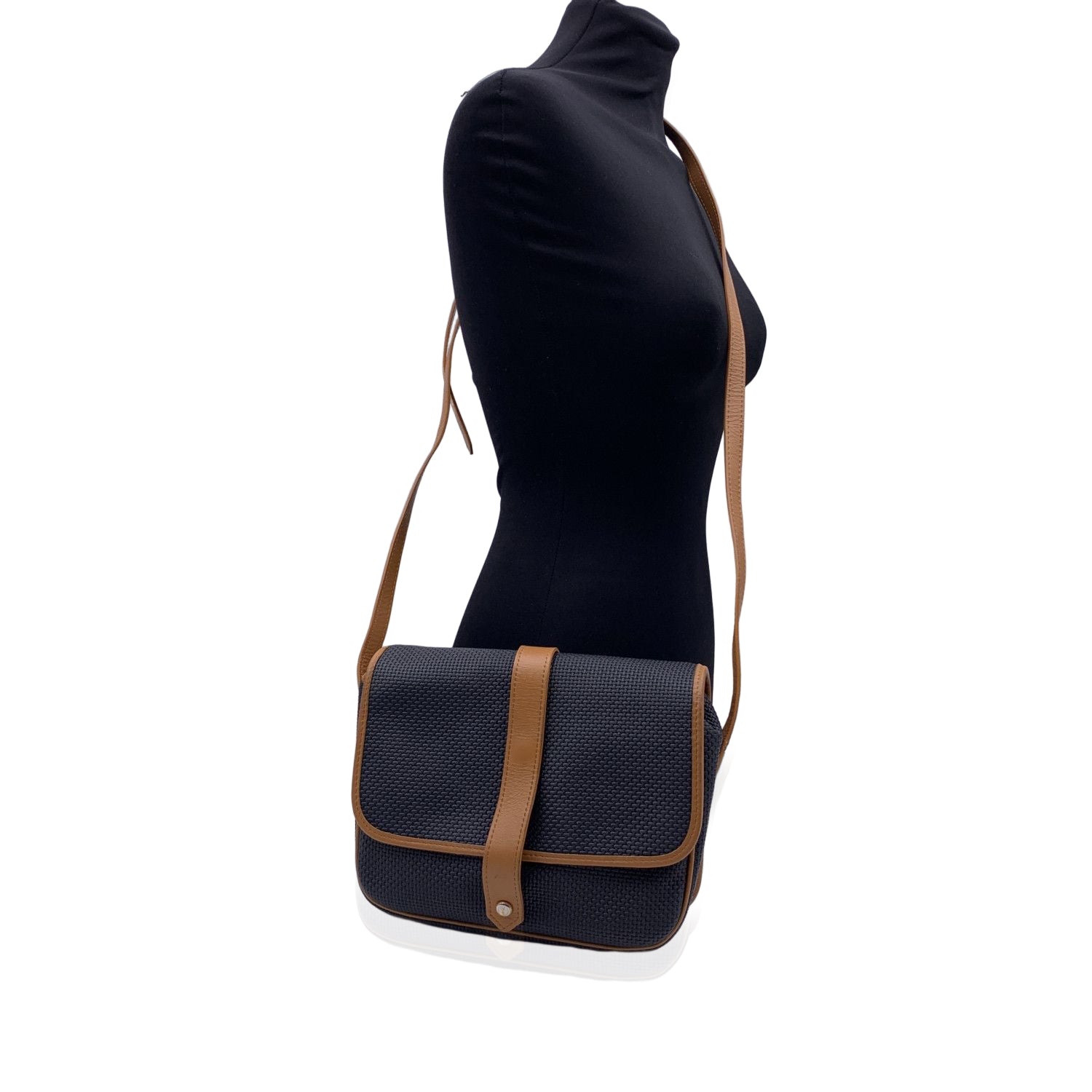 YVES SAINT LAURENT Black Beige Textured Vinyl Canvas Crossbody Bag