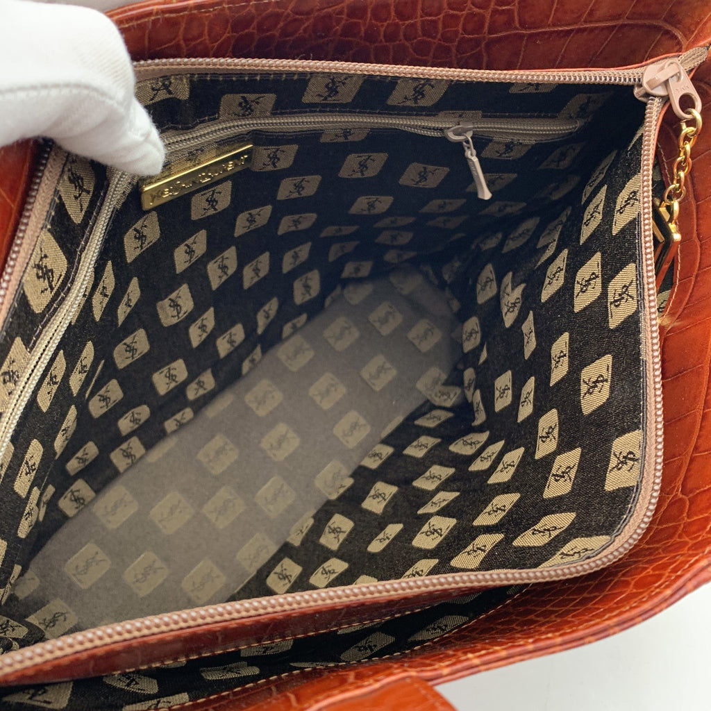 YVES SAINT LAURENT Vintage Brown Embossed Leather Stitch Tote Bag