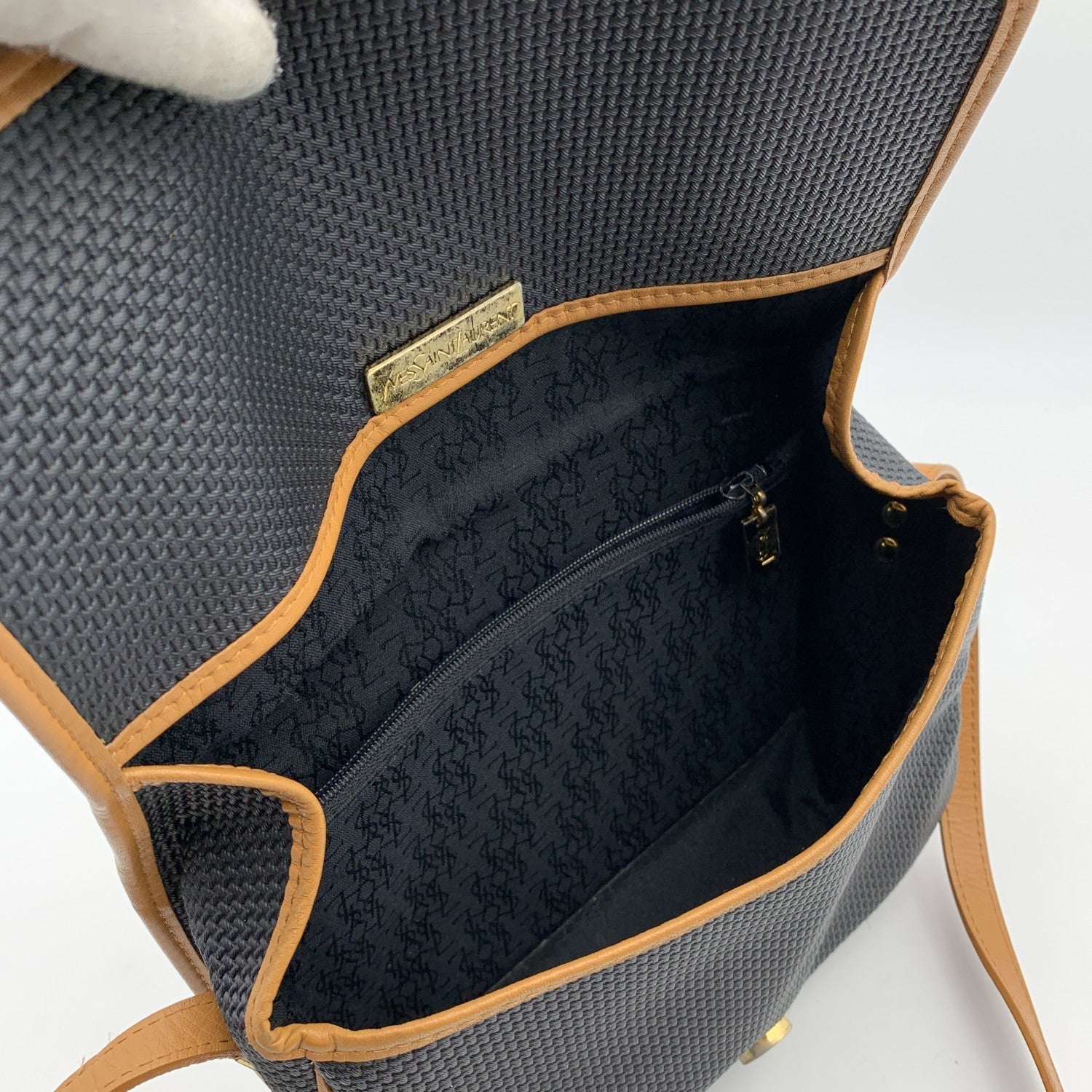 YVES SAINT LAURENT Black Beige Textured Vinyl Canvas Crossbody Bag