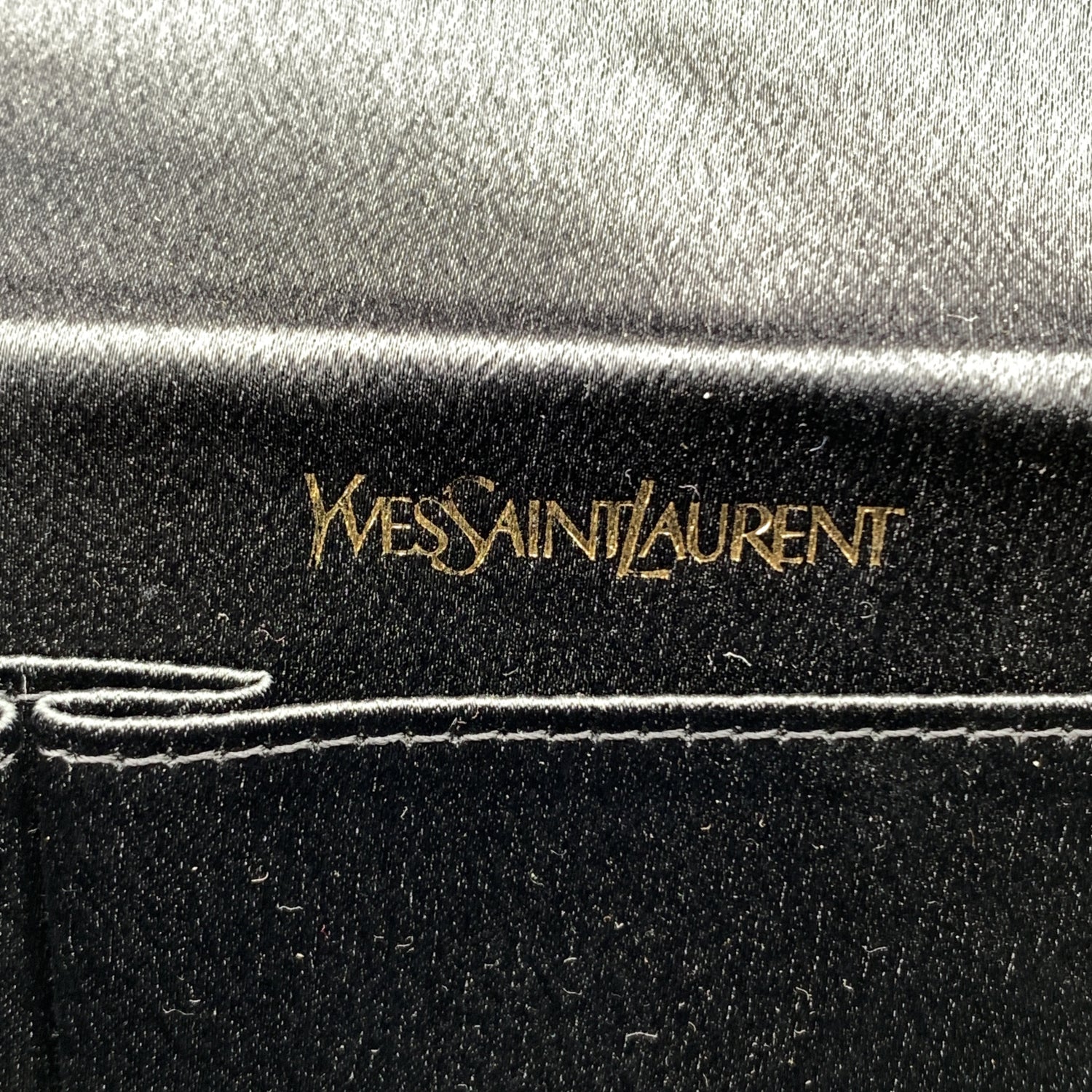 YVES SAINT LAURENT Vintage Black Satin Clutch Bag Embellished Bow