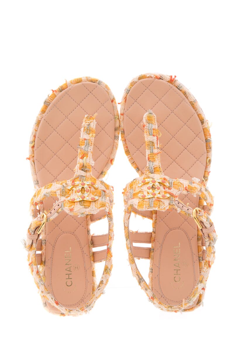 Chanel Orange Tweed Heeled Sandals SZ 37.5