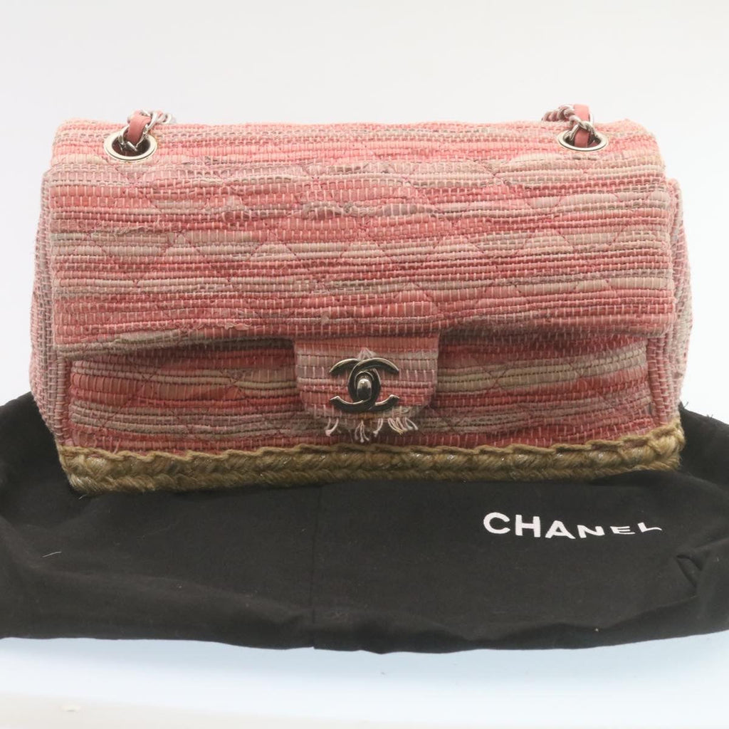 CHANEL Chain Flap Shoulder Bag Turn Lock Canvas Pink CC Auth bs334A