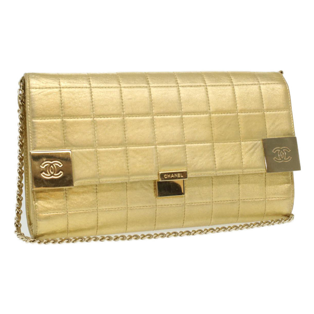 CHANEL Choco Bar line Chain Shoulder Bag Leather Gold CC  bs3477A