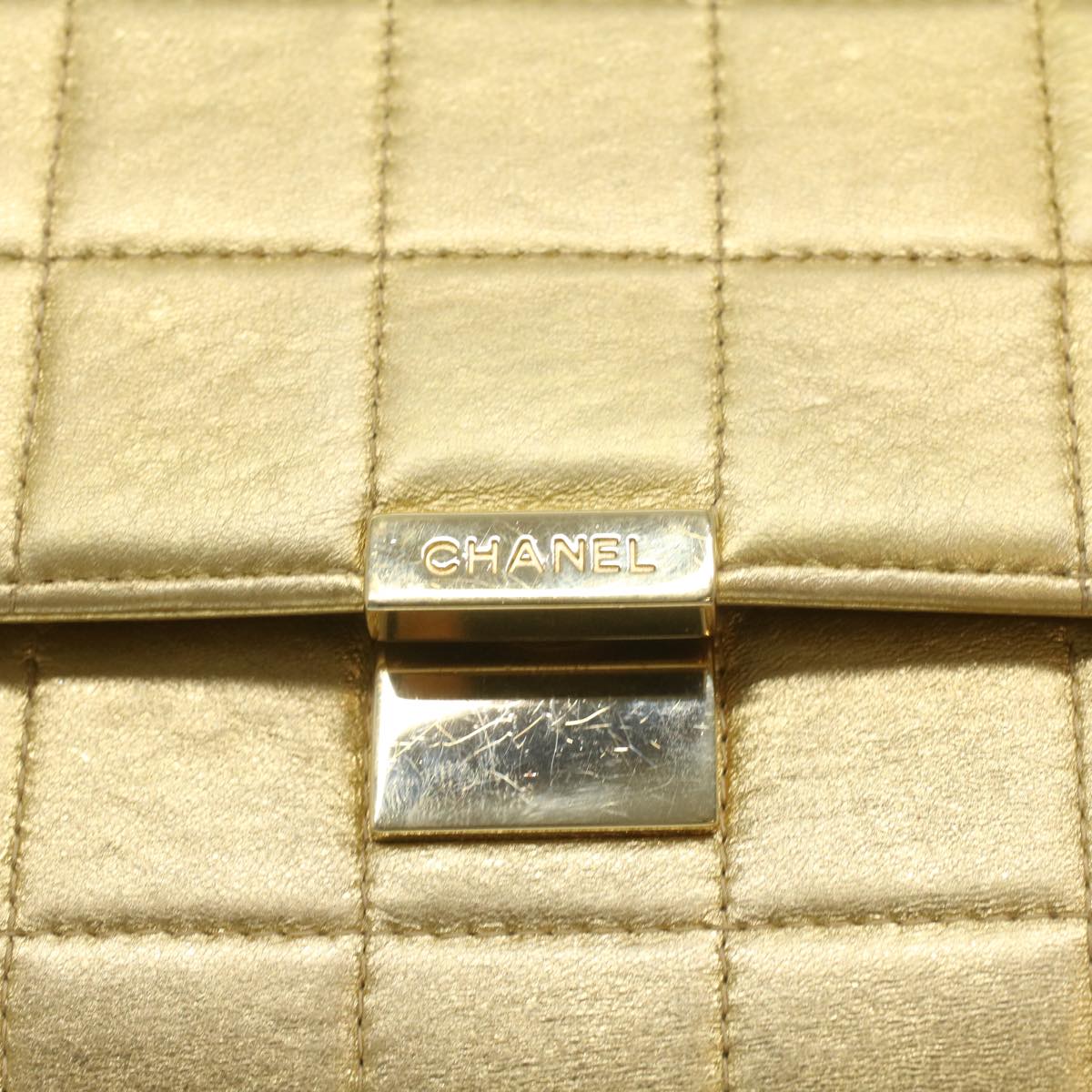 CHANEL Choco Bar line Chain Shoulder Bag Leather Gold CC  bs3477A