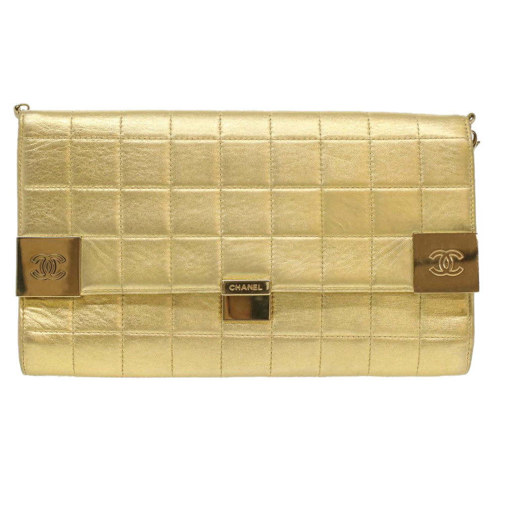 CHANEL Choco Bar line Chain Shoulder Bag Leather Gold CC  bs3477A