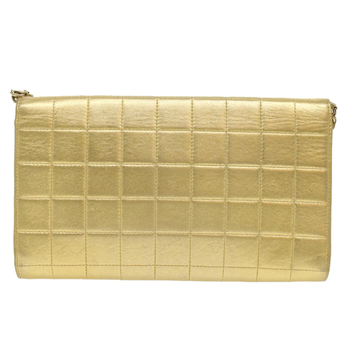 CHANEL Choco Bar line Chain Shoulder Bag Leather Gold CC  bs3477A