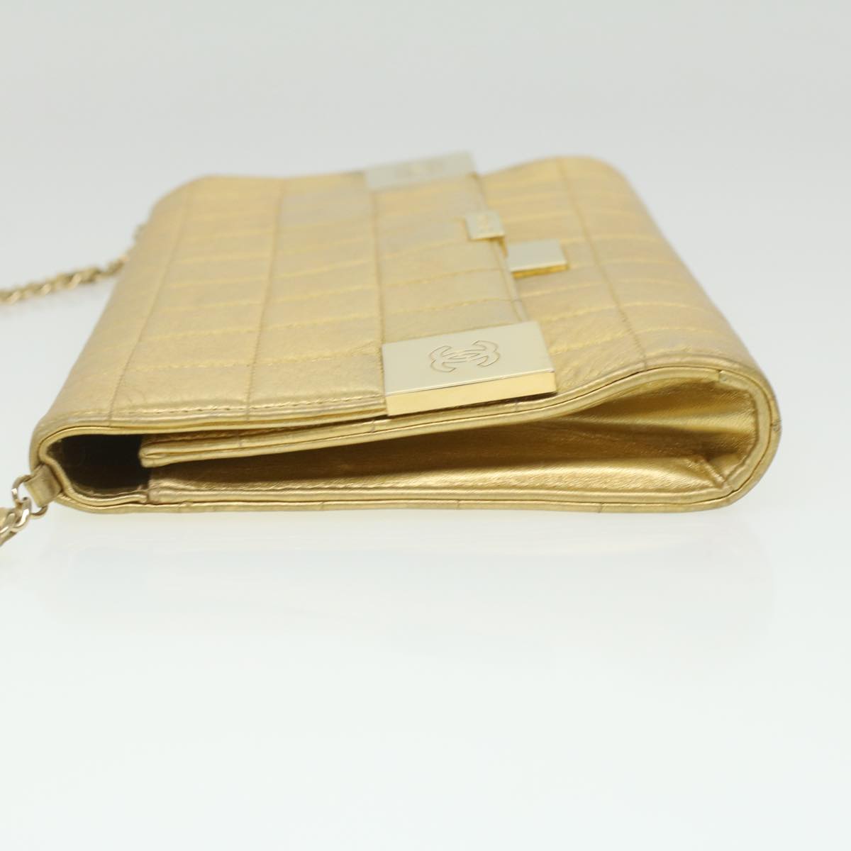 CHANEL Choco Bar line Chain Shoulder Bag Leather Gold CC  bs3477A