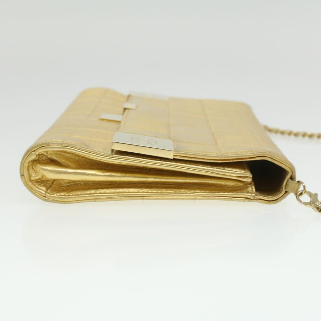 CHANEL Choco Bar line Chain Shoulder Bag Leather Gold CC Auth bs3477A