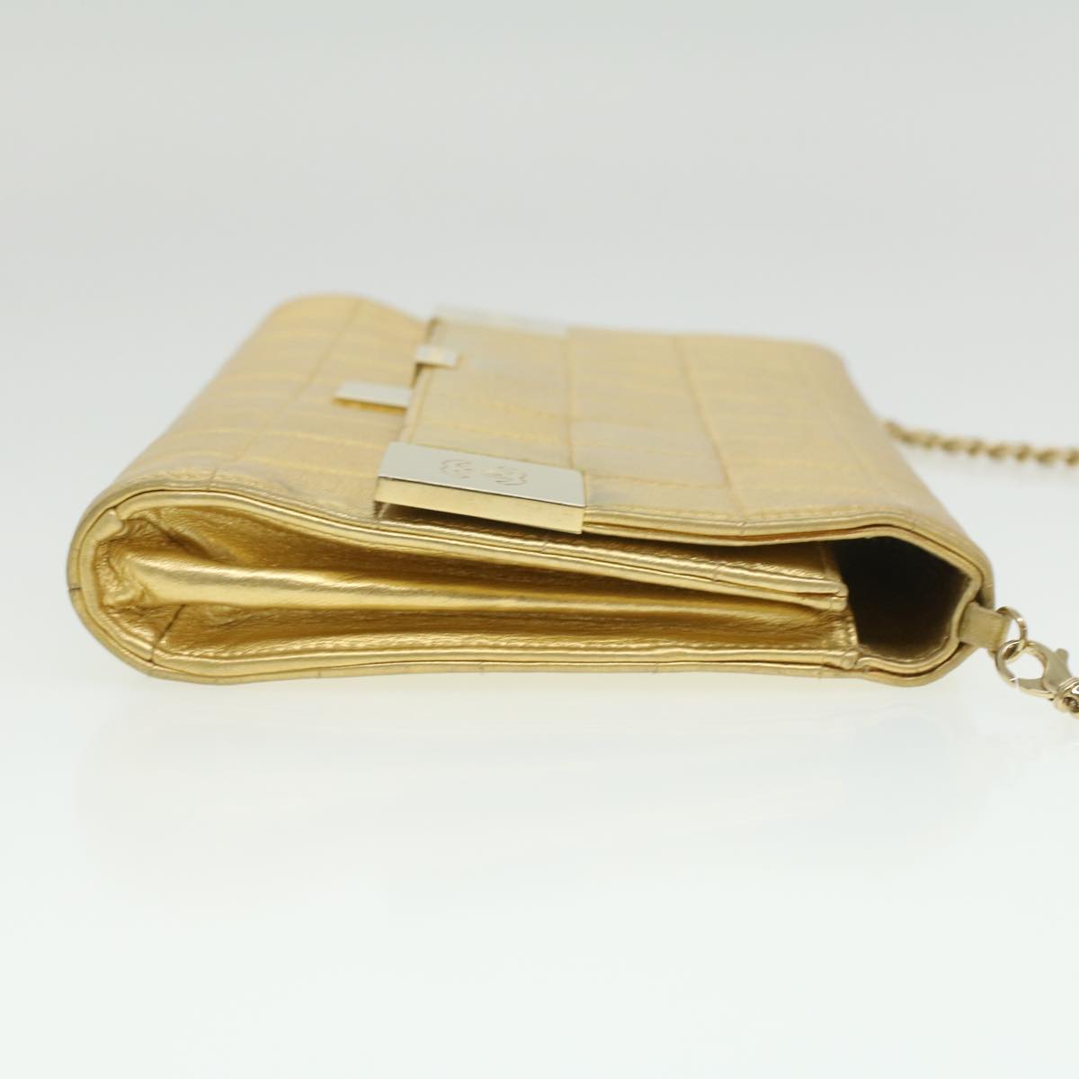 CHANEL Choco Bar line Chain Shoulder Bag Leather Gold CC Auth bs3477A