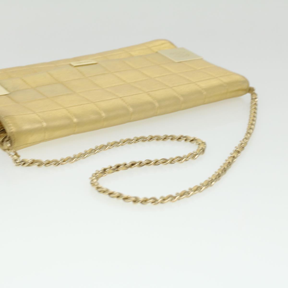 CHANEL Choco Bar line Chain Shoulder Bag Leather Gold CC  bs3477A