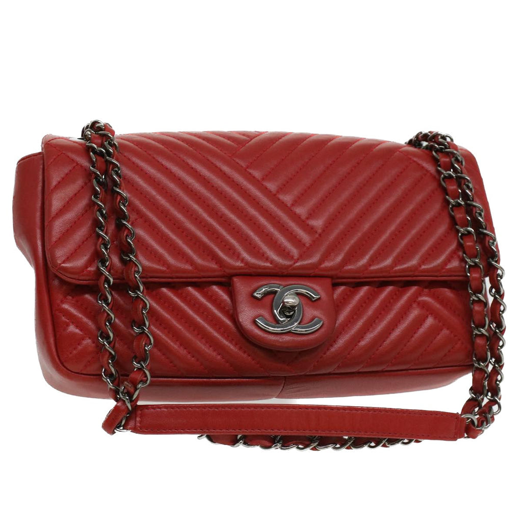 CHANEL Chain Shoulder Bag Lamb Skin Red CC  bs3636A