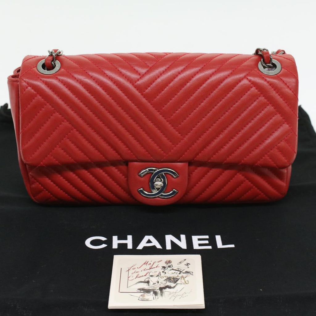 CHANEL Chain Shoulder Bag Lamb Skin Red CC  bs3636A