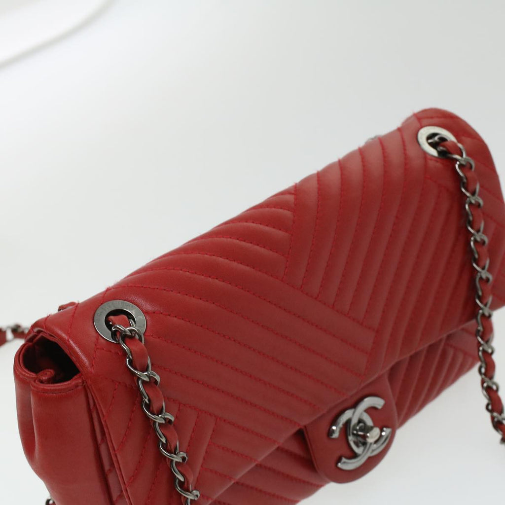 CHANEL Chain Shoulder Bag Lamb Skin Red CC  bs3636A
