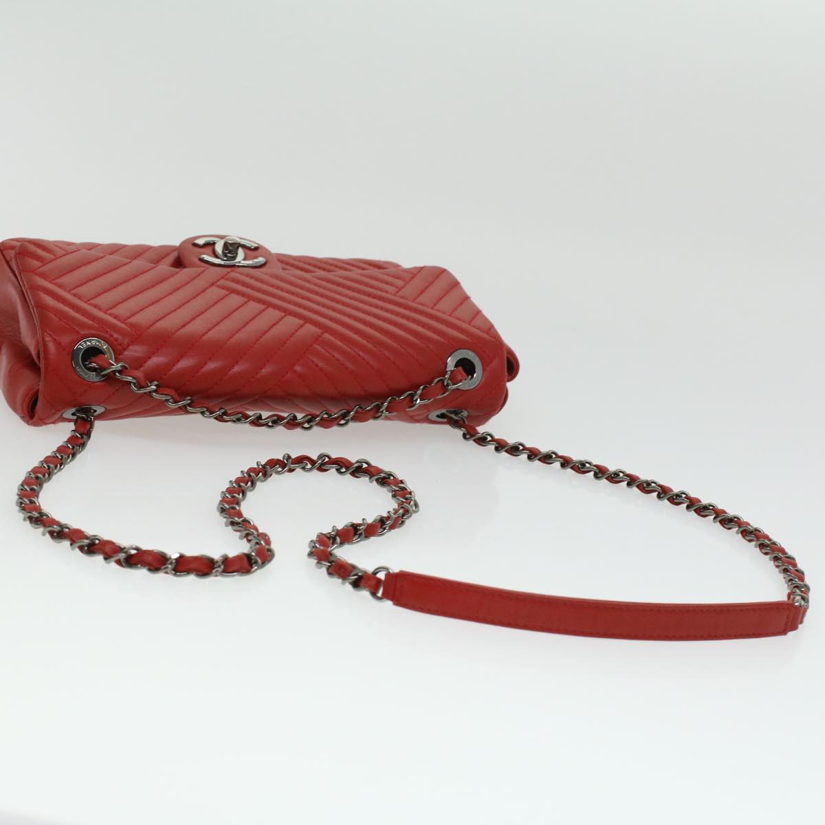 CHANEL Chain Shoulder Bag Lamb Skin Red CC  bs3636A