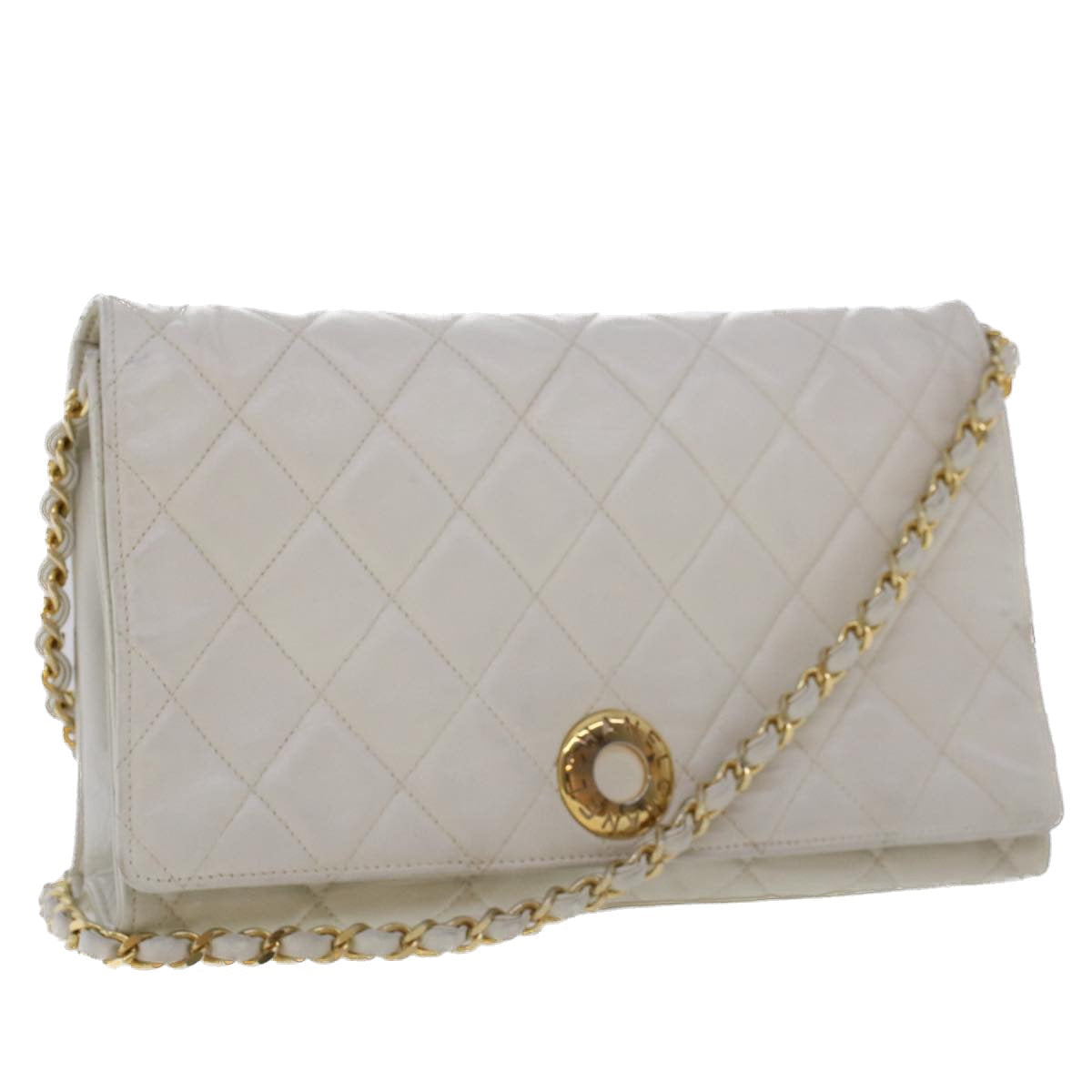 CHANEL Matelasse Circle Chain Shoulder Bag Lamb Skin White CC  bs5899