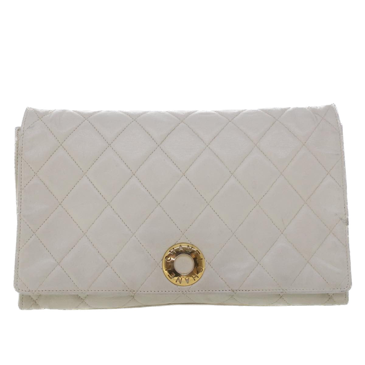 CHANEL Matelasse Circle Chain Shoulder Bag Lamb Skin White CC  bs5899