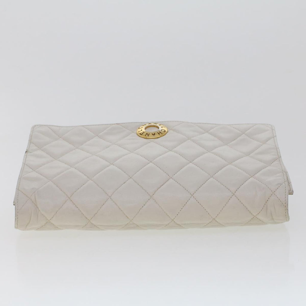 CHANEL Matelasse Circle Chain Shoulder Bag Lamb Skin White CC Auth bs5899