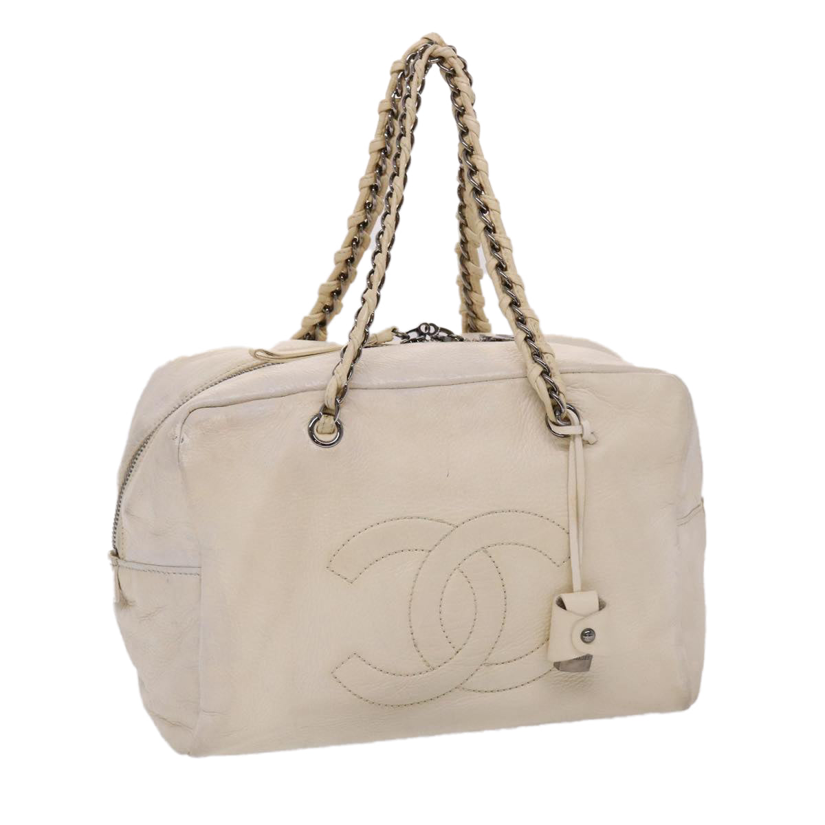 CHANEL Chain Boston Bag Leather White CC  bs6591