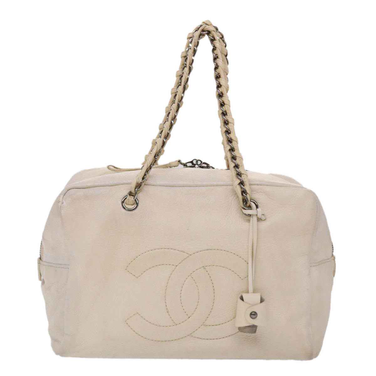 CHANEL Chain Boston Bag Leather White CC  bs6591