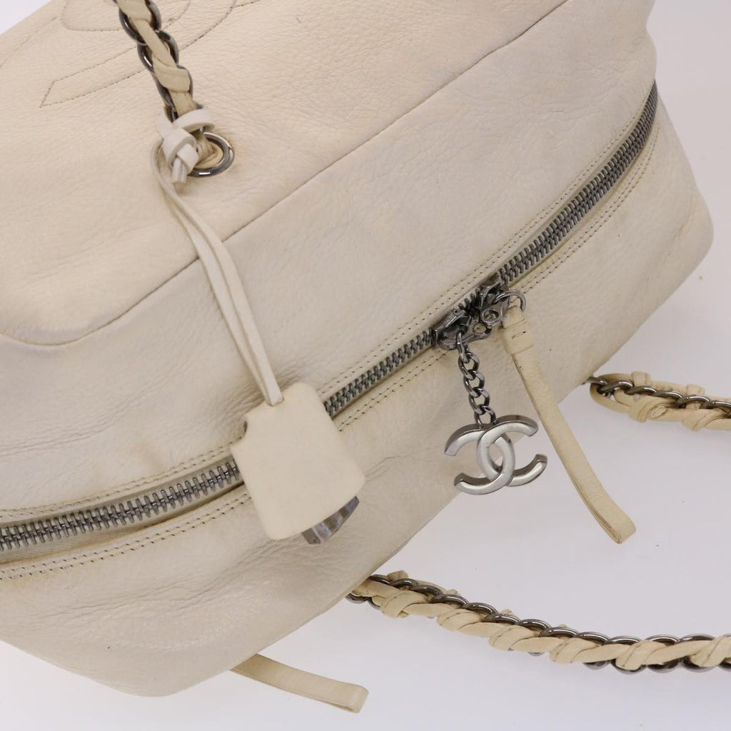 CHANEL Chain Boston Bag Leather White CC Auth bs6591