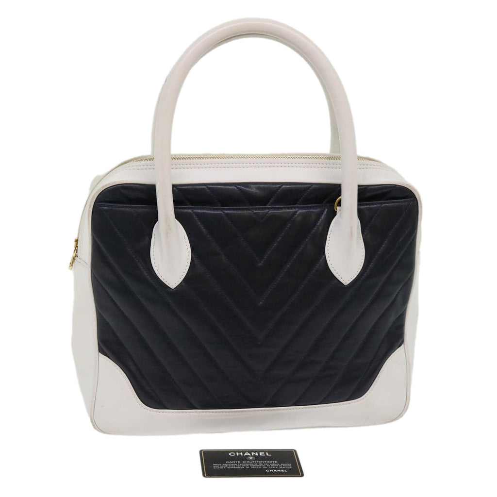 CHANEL V Stitch Hand Bag Lamb Skin White Black CC  bs6661