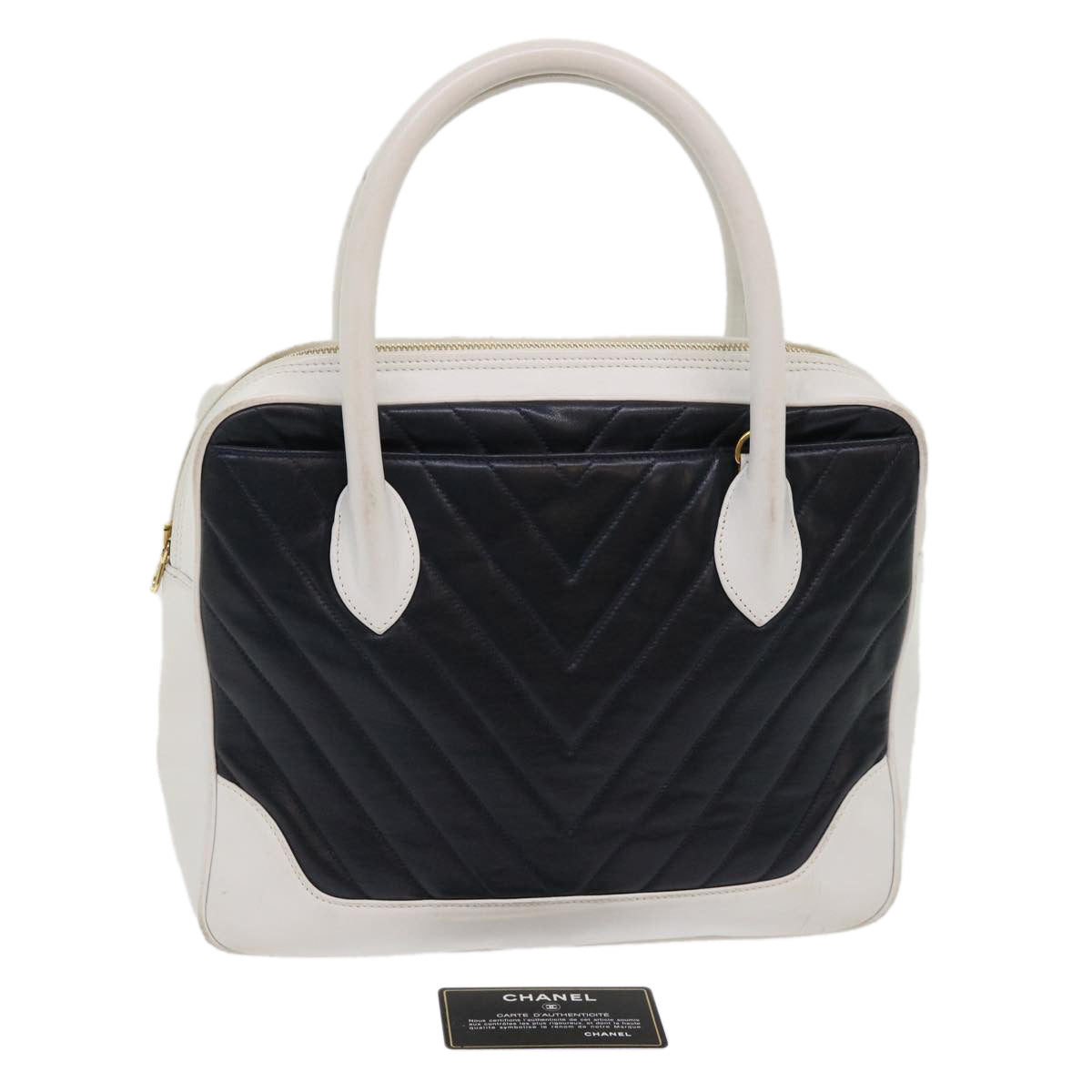 CHANEL V Stitch Hand Bag Lamb Skin White Black CC  bs6661