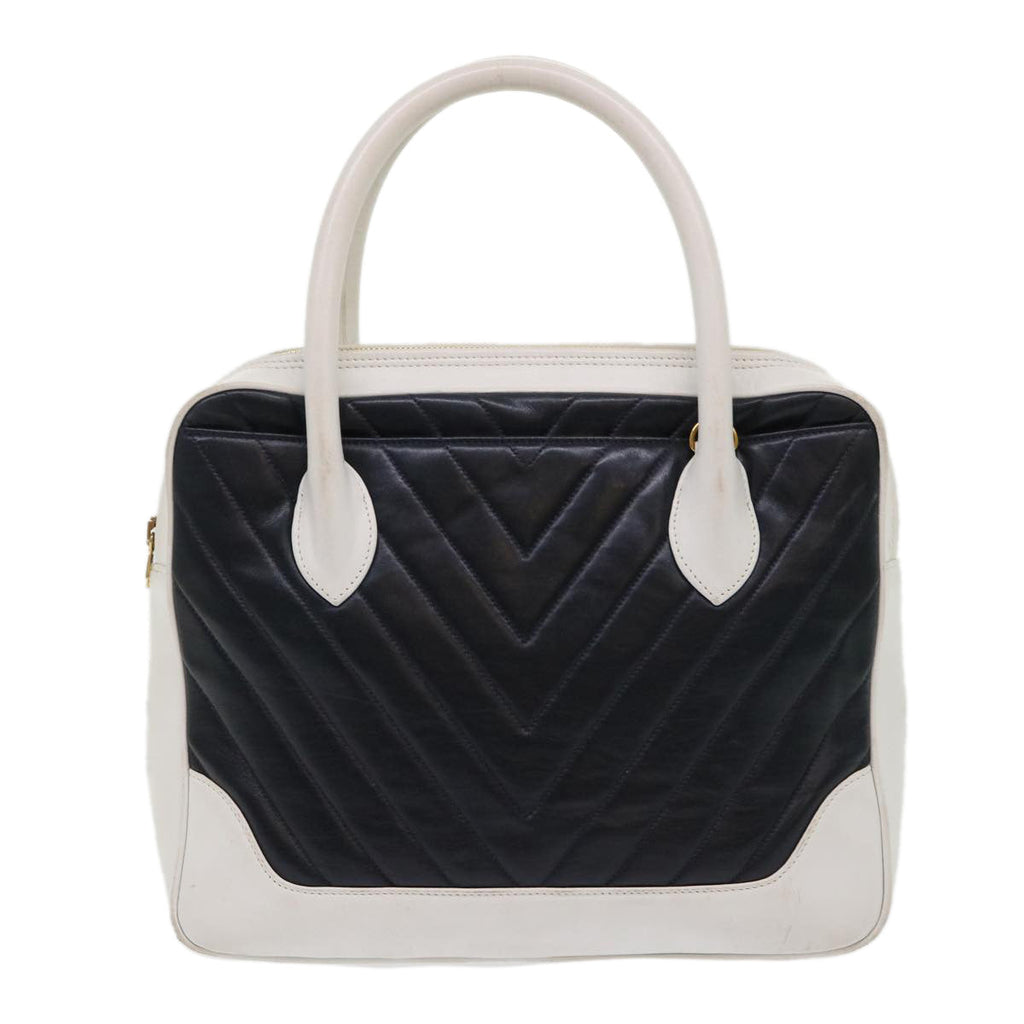 CHANEL V Stitch Hand Bag Lamb Skin White Black CC Auth bs6661