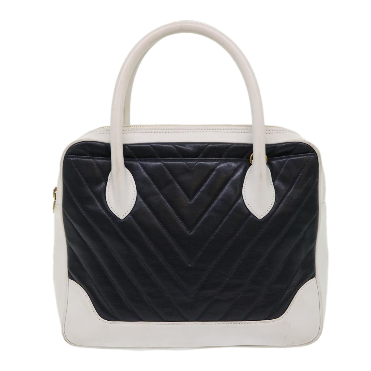 CHANEL V Stitch Hand Bag Lamb Skin White Black CC Auth bs6661