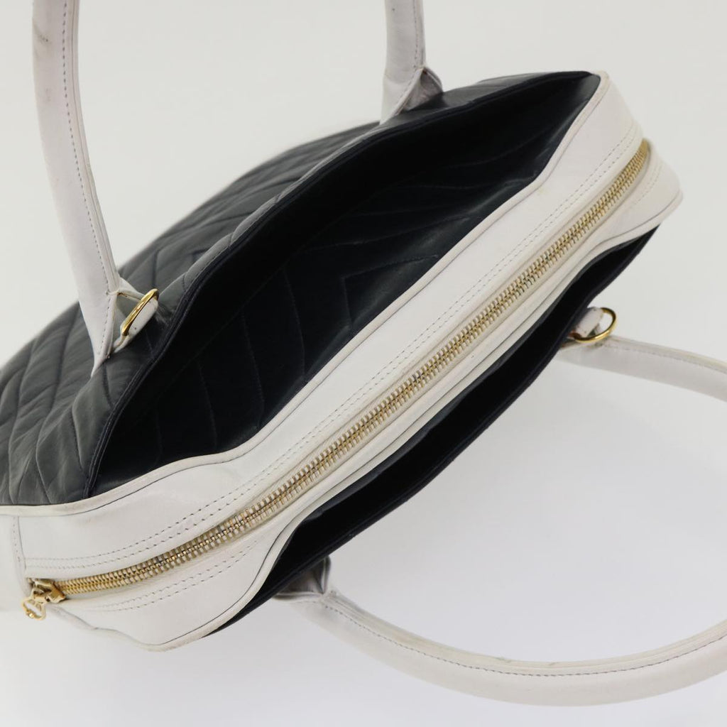 CHANEL V Stitch Hand Bag Lamb Skin White Black CC  bs6661