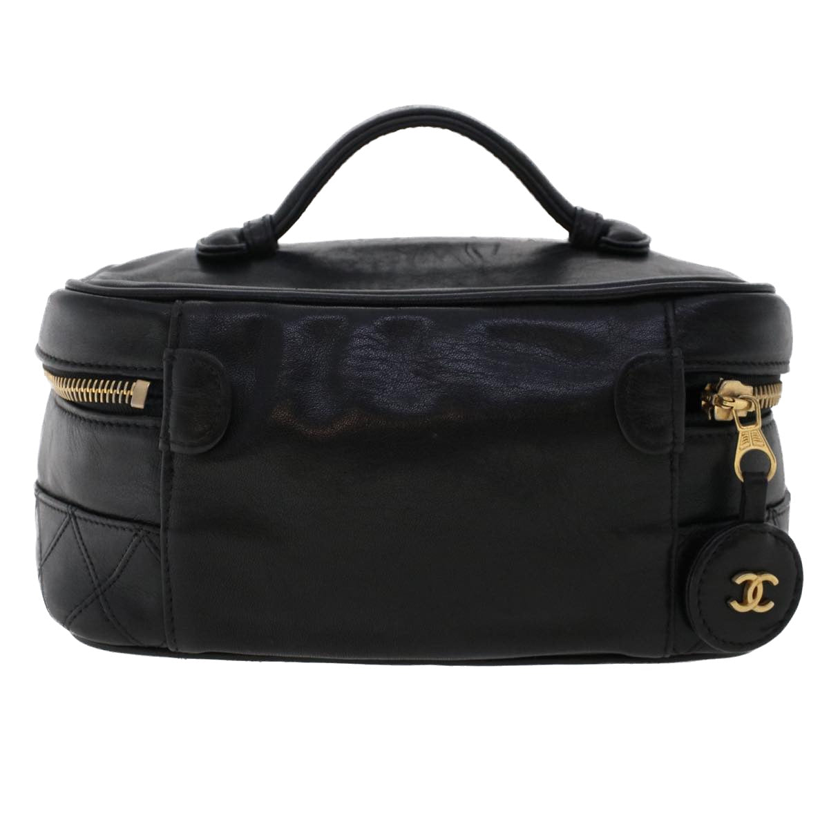 CHANEL Bicolole Vanity Cosmetic Pouch Leather Black CC Auth bs6921