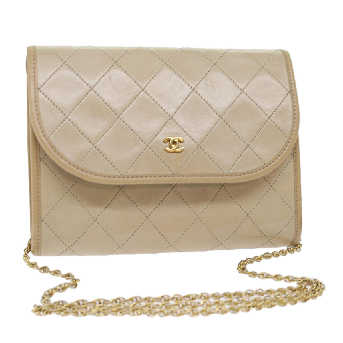 CHANEL Chain Shoulder Bag Lamb Skin Beige CC  bs7081