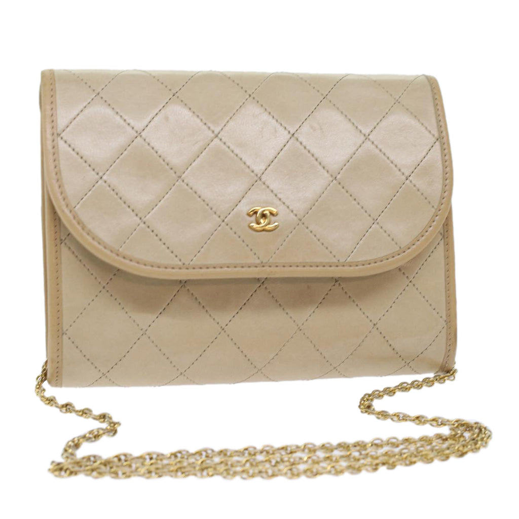 CHANEL Chain Shoulder Bag Lamb Skin Beige CC Auth bs7081