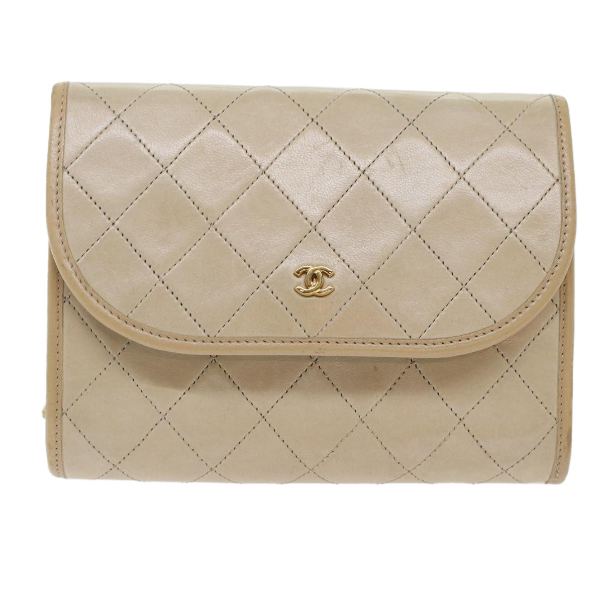CHANEL Chain Shoulder Bag Lamb Skin Beige CC  bs7081