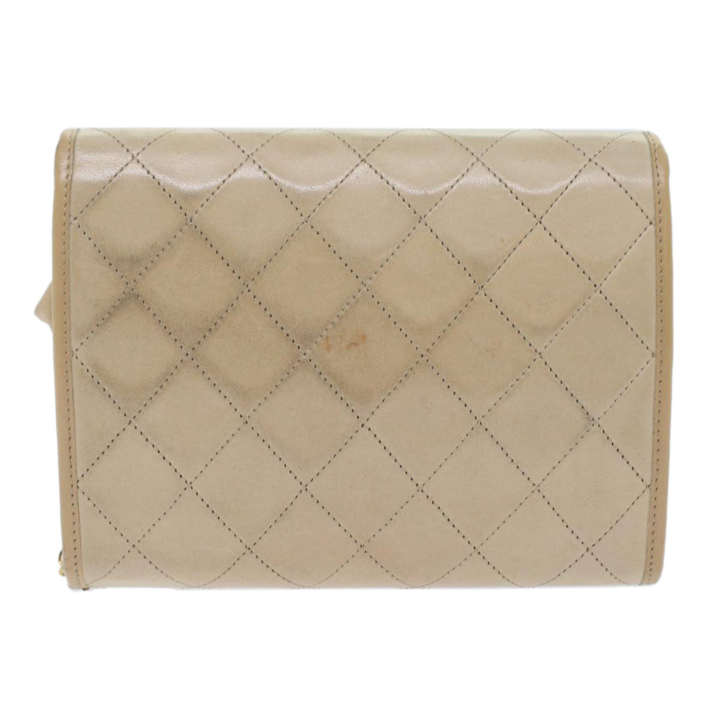 CHANEL Chain Shoulder Bag Lamb Skin Beige CC Auth bs7081