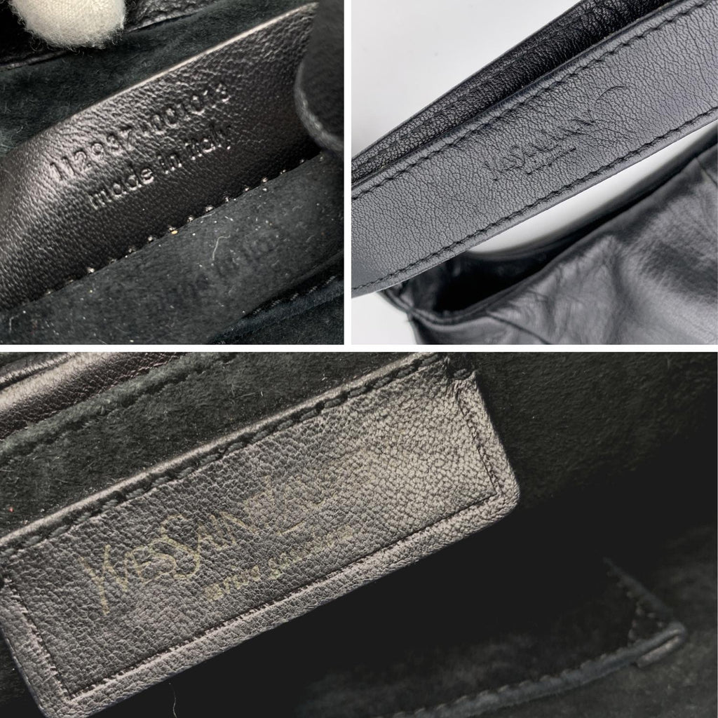YVES SAINT LAURENT Black Ruffled Leather Hobo Tote Shoulder Bag