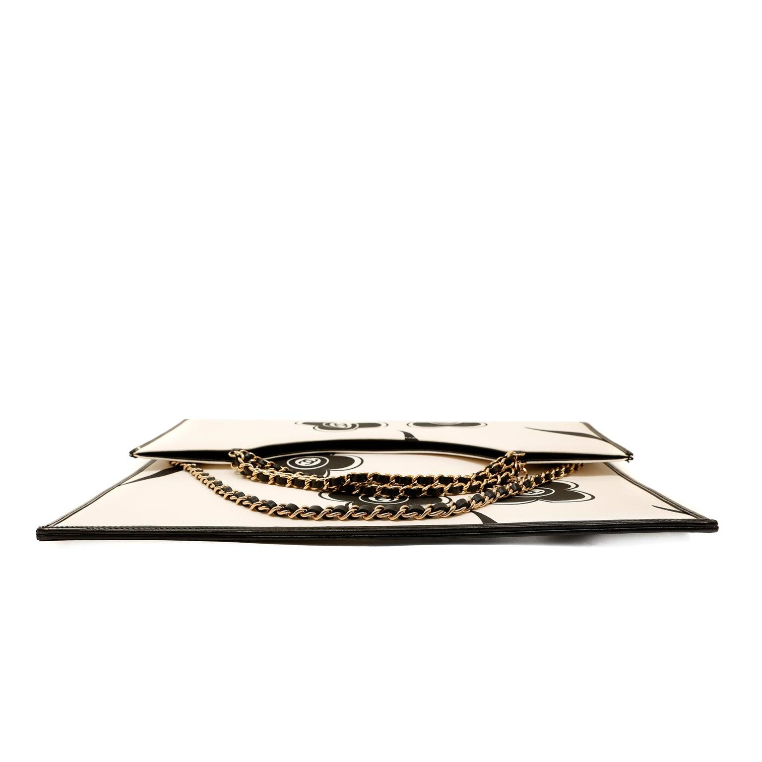 Chanel Ivory and Black Camellia Envelope Clutch with Strap