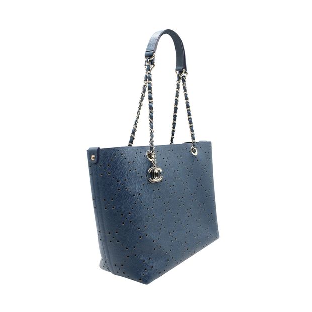 CHANEL Blue Perforated Large Shopping Tote-Grained Calfskin Caviar Leather - Pouch