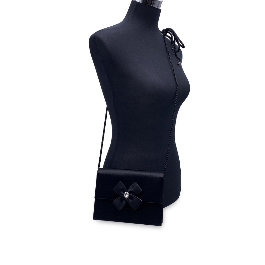 YVES SAINT LAURENT Vintage Black Satin Clutch Bag Embellished Bow