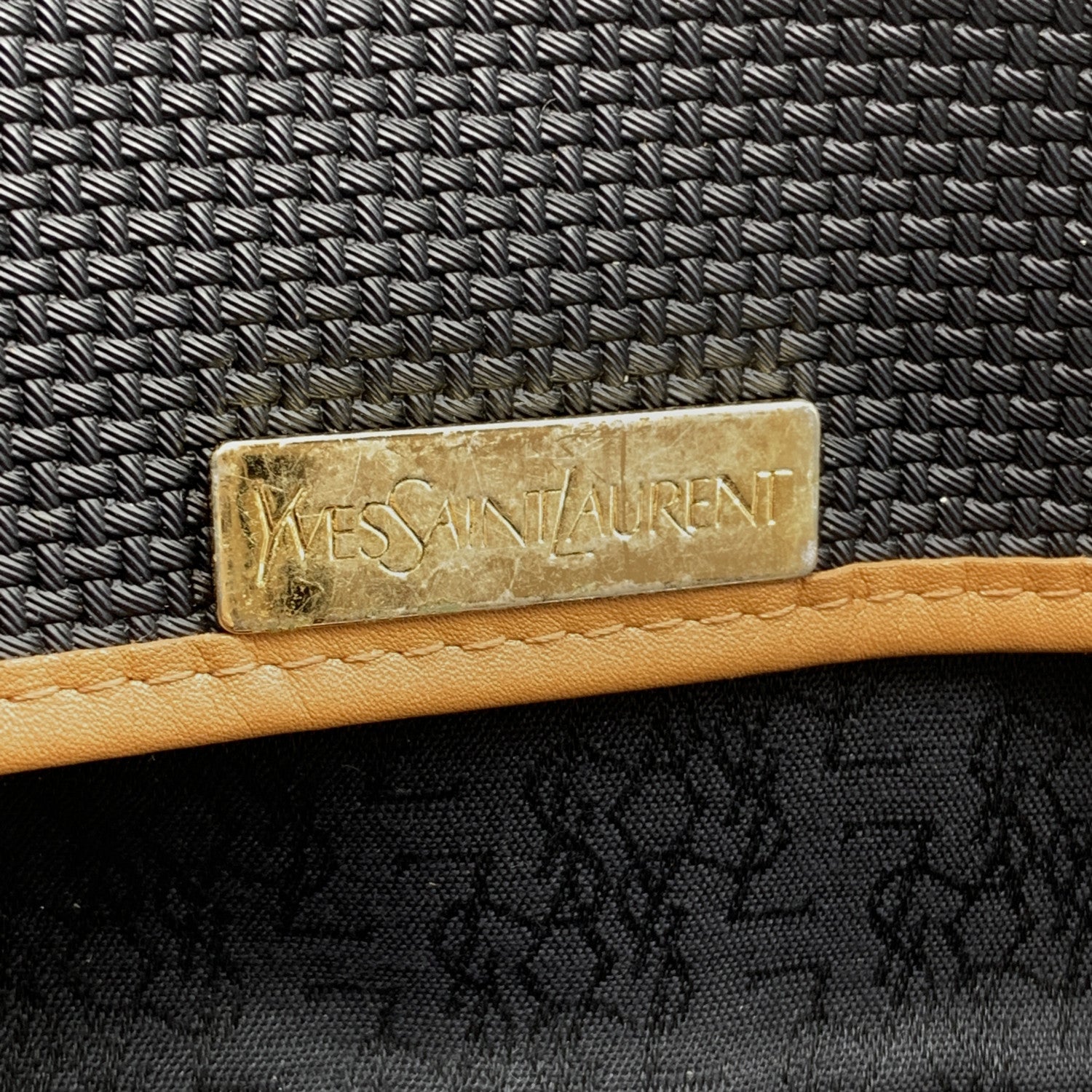 YVES SAINT LAURENT Black Beige Textured Vinyl Canvas Crossbody Bag