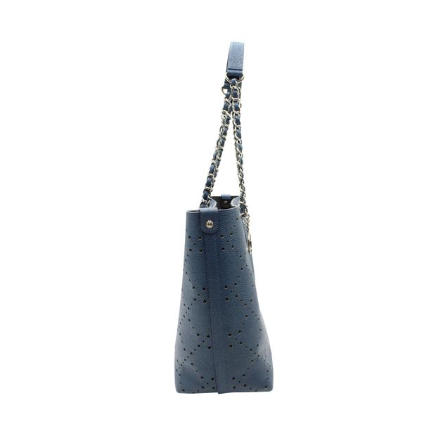 CHANEL Blue Perforated Large Shopping Tote-Grained Calfskin Caviar Leather - Pouch