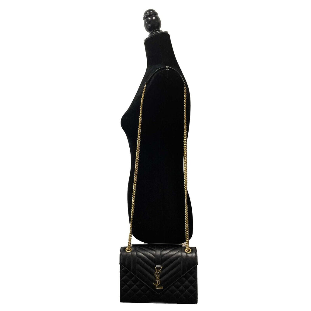 SAINT LAURENT Black Medium Triquilt Envelope Chain Grain de Poudre Shoulder Bag